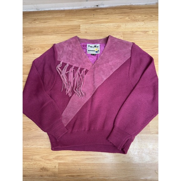 Pioneer Wear Sweaters - Vtg Pioneer Wear Sweater Fringe Leather‎ Western  Country Pink Concert Sz XL